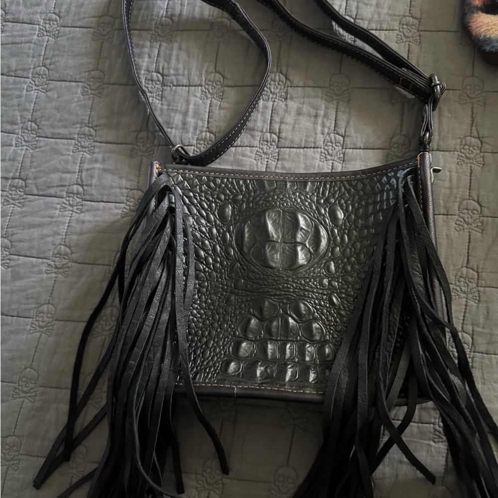 Fringed Black Leather Shoulder Bag by American Darling